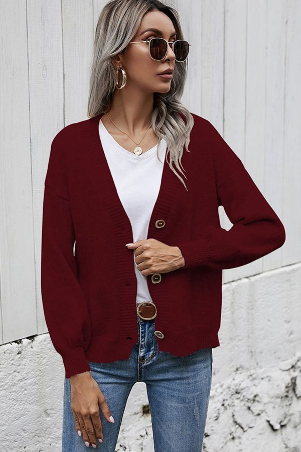 V-Neck Button-Down Dropped Shoulder Cardigan - Image 28