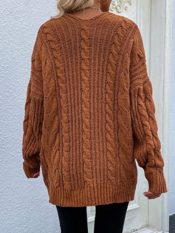 Woven Right Cable-Knit Open Front Cardigan with Front Pockets - Image 11