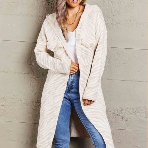 Double Take Printed Open Front Hooded Longline Cardigan