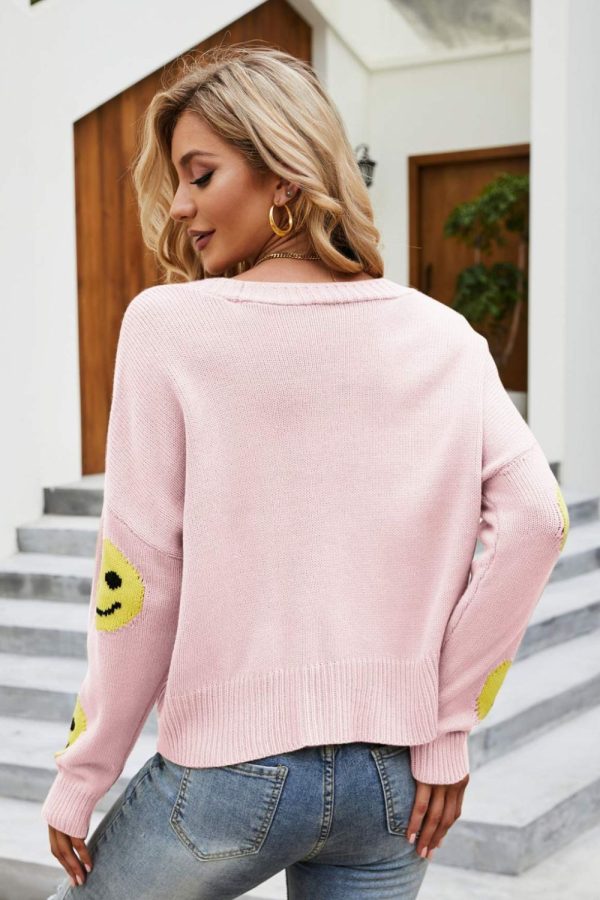 Smiley Face Ribbed Trim V-Neck Cardigan - Image 2