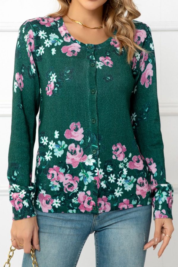 Woven Right Floral Button Front Round Neck Cardigan - Image 14