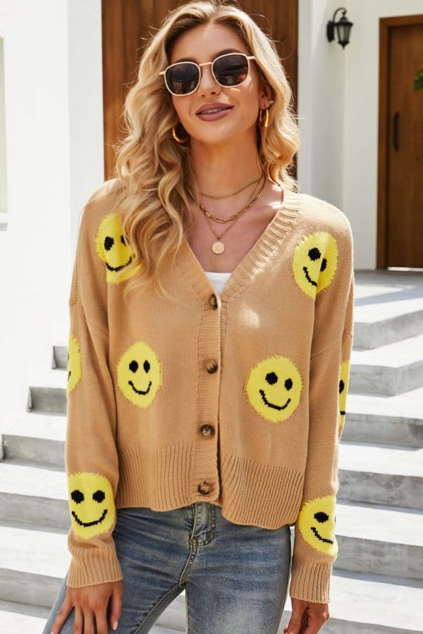 Smiley Face Ribbed Trim V-Neck Cardigan - Image 5