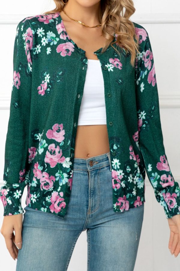 Woven Right Floral Button Front Round Neck Cardigan - Image 12
