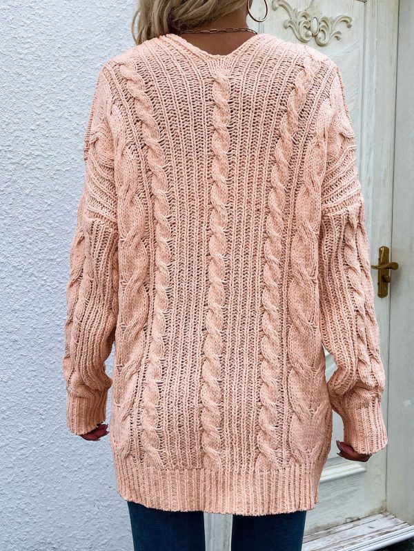Woven Right Cable-Knit Open Front Cardigan with Front Pockets - Image 26