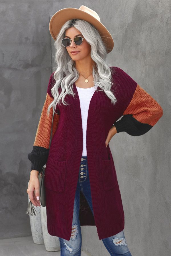 Color Block Rib-Knit Longline Cardigan with Front Pockets - Image 7