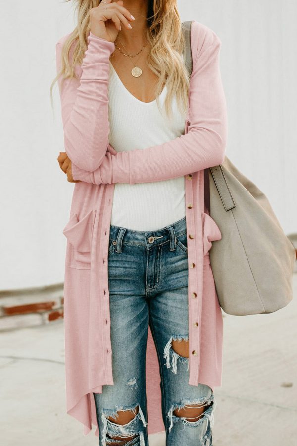 V-Neck Long Sleeve Cardigan with Pocket - Image 17
