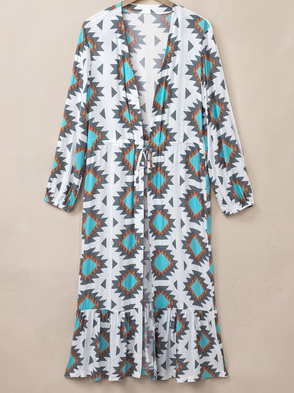 Western Aztec Print White Duster Kimono Cardigan - Image 11
