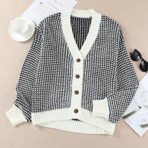 Woven Right Waffle-Knit Drop Shoulder Button-Down Cardigan