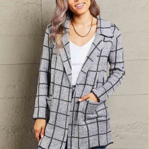 Double Take Printed Open Front Lapel Collar Cardigan with Pockets