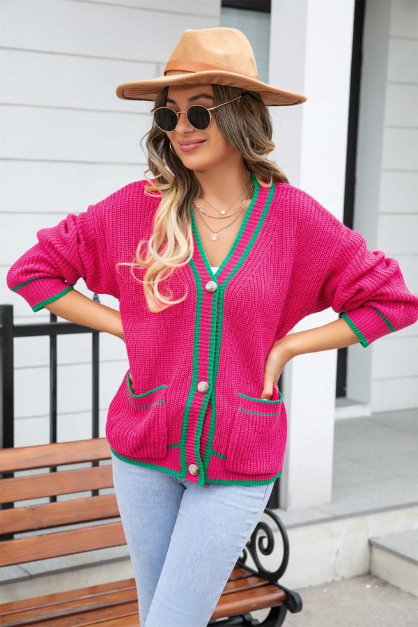 Waffle Knit V-Neck Cardigan with Pocket - Image 7