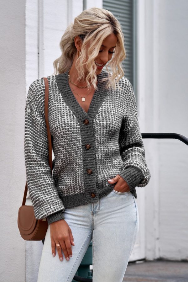 Woven Right Waffle-Knit Drop Shoulder Button-Down Cardigan - Image 12