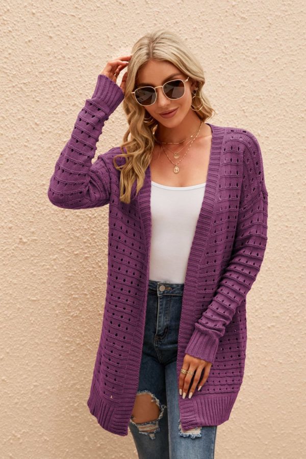 Openwork Horizontal Ribbing Open Front Cardigan - Image 4