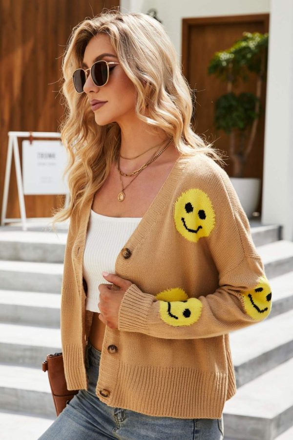 Smiley Face Ribbed Trim V-Neck Cardigan - Image 6