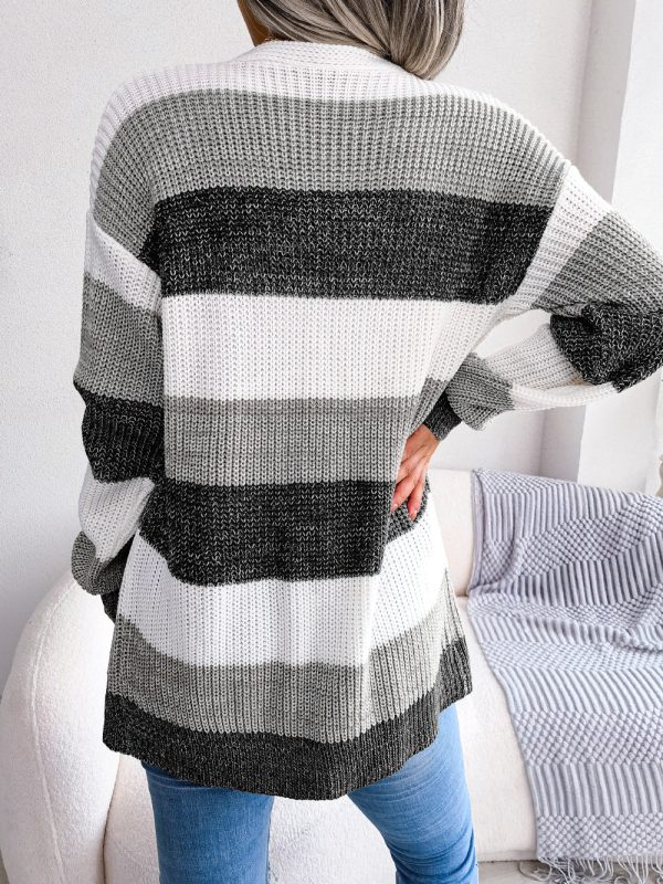 Striped Rib-Knit Open Front Longline Cardigan - Image 15