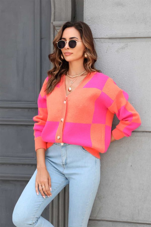 Plaid V-Neck Dropped Shoulder Cardigan - Image 3