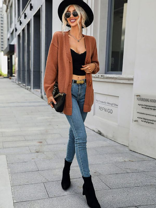 Woven Right Toggle Closure Ribbed Trim Dropped Shoulder Cardigan - Image 2