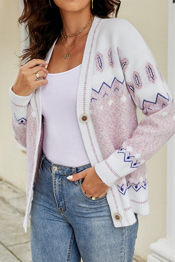 Printed V-Neck Buttoned Cardigan - Image 3