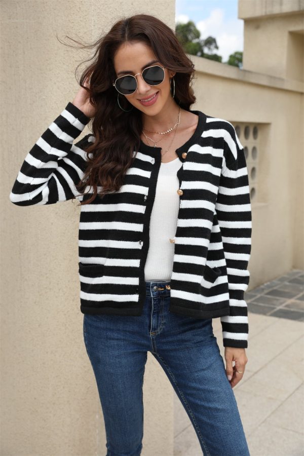 Striped Round Neck Button-Down Dropped Shoulder Cardigan - Image 5