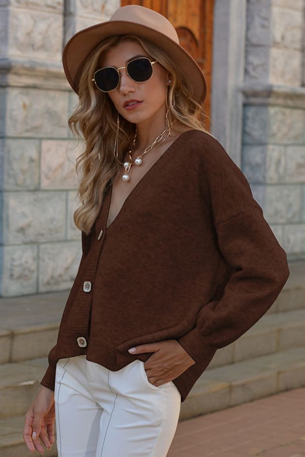 V-Neck Button-Down Dropped Shoulder Cardigan - Image 19