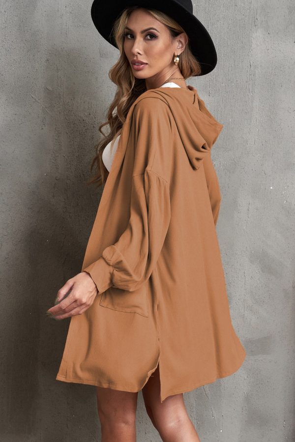 Open Front Hooded Longline Cardigan with Pockets - Image 2
