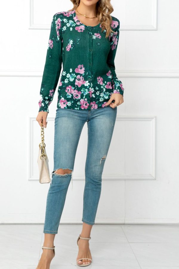 Woven Right Floral Button Front Round Neck Cardigan - Image 15