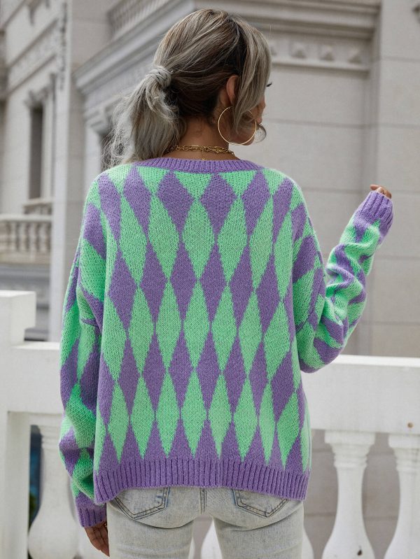 Woven Right Argyle Button Front Drop Shoulder Cardigan - Image 12