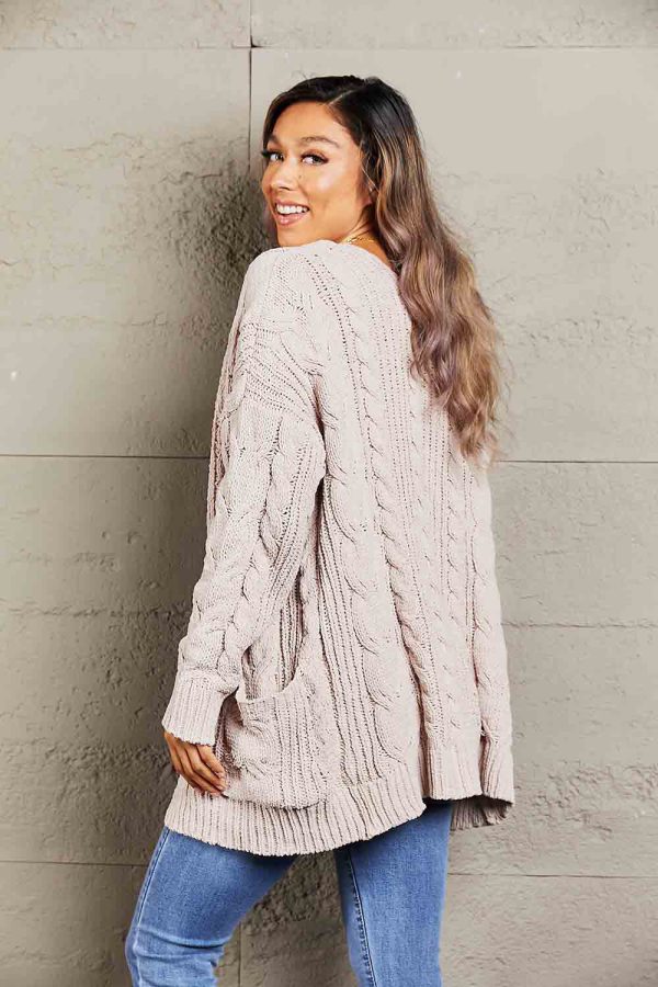 Woven Right Cable-Knit Open Front Cardigan with Front Pockets - Image 2