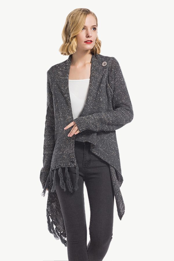 One-Button Tassel Tie Asymmetrical Hem Cardigan - Image 17