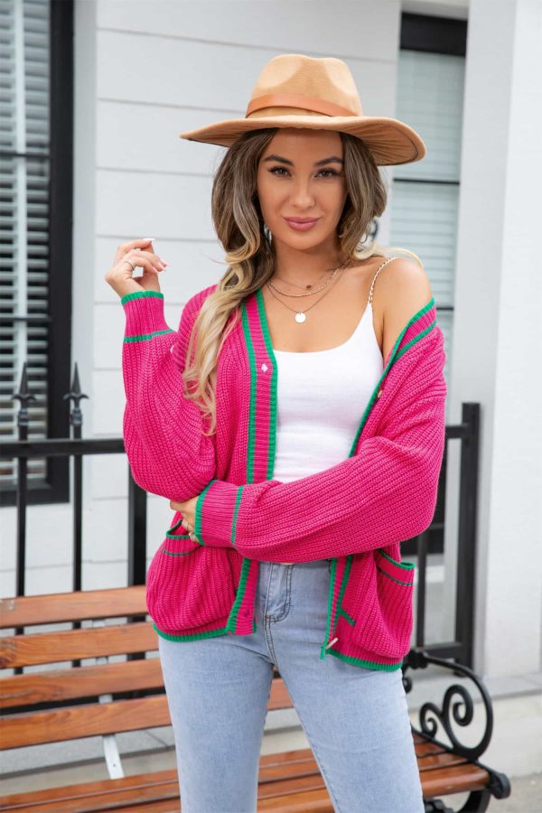 Waffle Knit V-Neck Cardigan with Pocket - Image 8