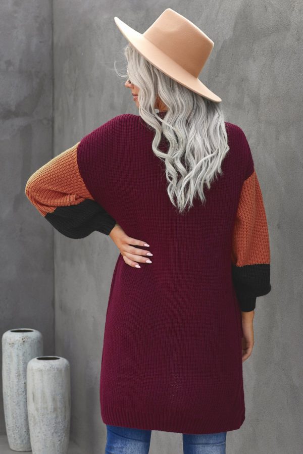 Color Block Rib-Knit Longline Cardigan with Front Pockets - Image 10