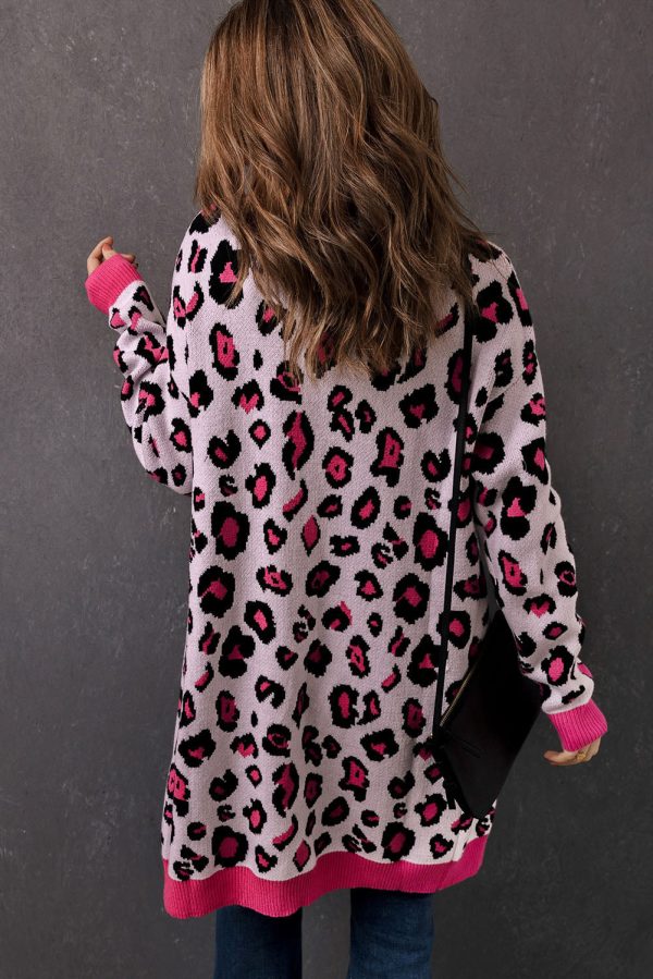 Leopard Contrast Trim Open Front Longline Cardigan - Image 2