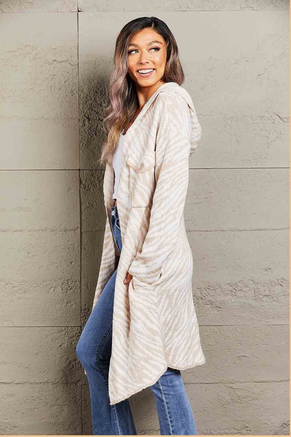 Double Take Printed Open Front Hooded Longline Cardigan - Image 4