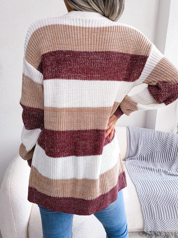 Striped Rib-Knit Open Front Longline Cardigan - Image 2