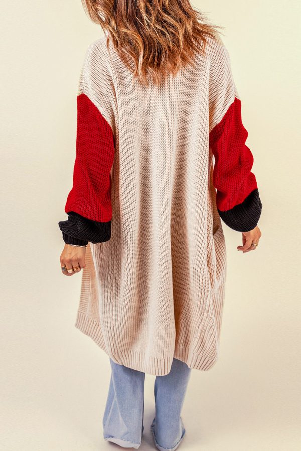 Color Block Rib-Knit Longline Cardigan with Front Pockets - Image 3