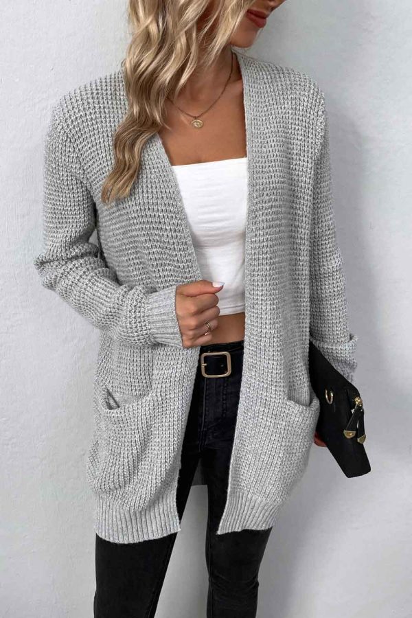 Rib-Knit Open Front Pocketed Cardigan - Image 4