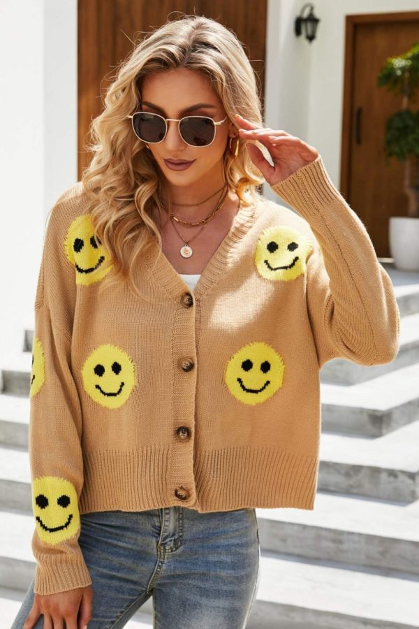 Smiley Face Ribbed Trim V-Neck Cardigan - Image 4