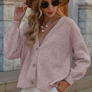 V-Neck Button-Down Dropped Shoulder Cardigan