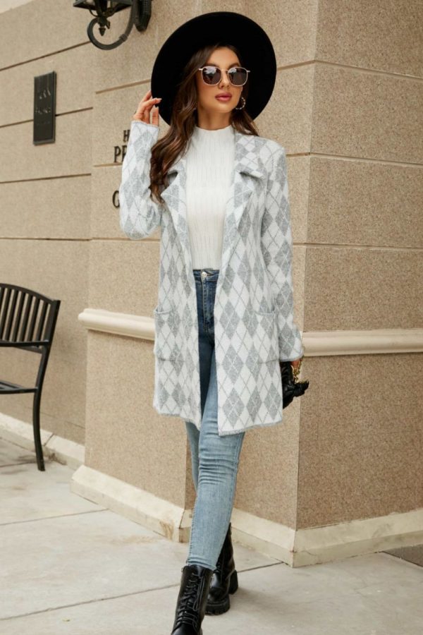 Double Take Printed Open Front Lapel Collar Cardigan with Pockets - Image 9