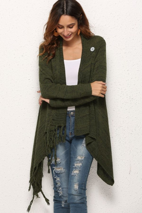 One-Button Tassel Tie Asymmetrical Hem Cardigan - Image 7