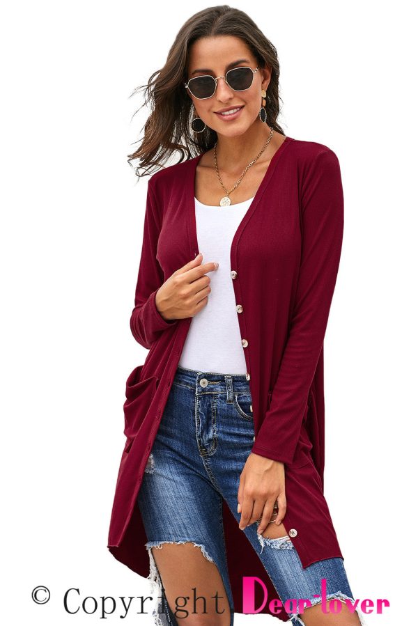 V-Neck Long Sleeve Cardigan with Pocket - Image 14