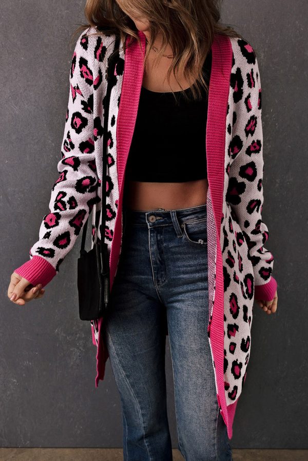 Leopard Contrast Trim Open Front Longline Cardigan - Image 3
