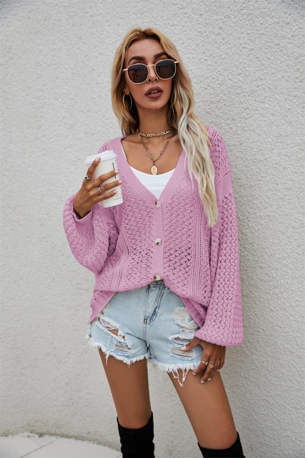 Openwork V-Neck Dropped Shoulder Cardigan - Image 3