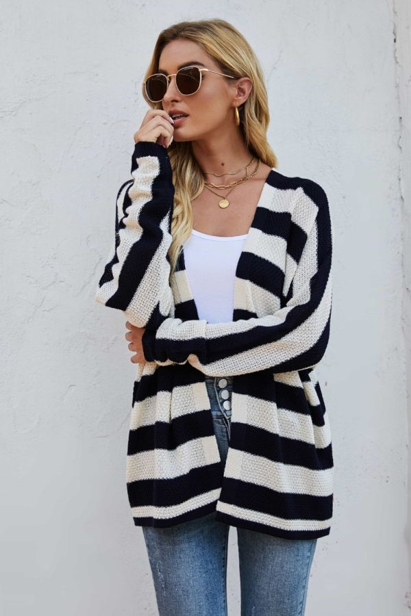 Striped Dolman Sleeve Open Front Cardigan - Image 3