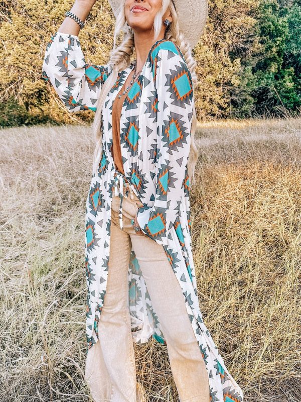 Western Aztec Print White Duster Kimono Cardigan - Image 3