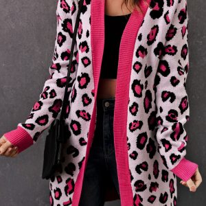 Leopard Contrast Trim Open Front Longline Cardigan