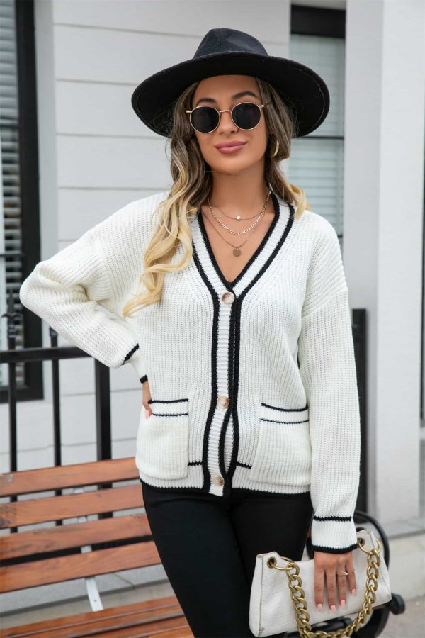Waffle Knit V-Neck Cardigan with Pocket - Image 10