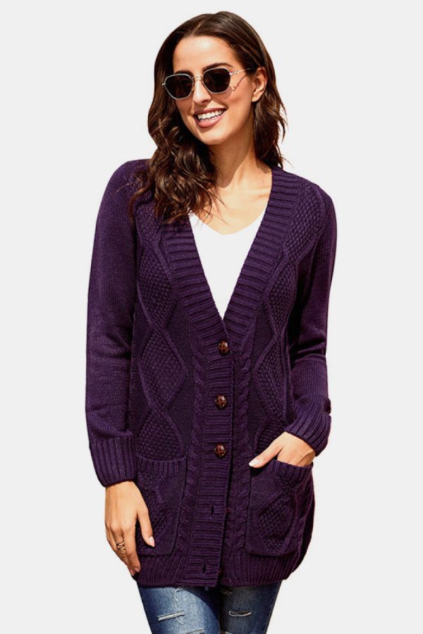 Woven Right Button Pocket Cable Knit Cardigan - Image 6