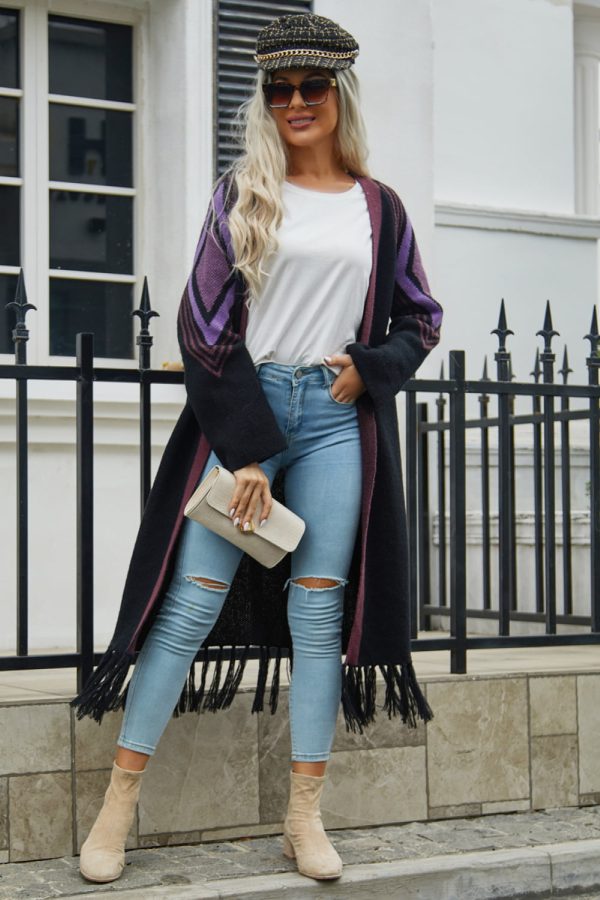 Double Take Geometric Fringe Hem Open Front Duster Cardigan - Image 17