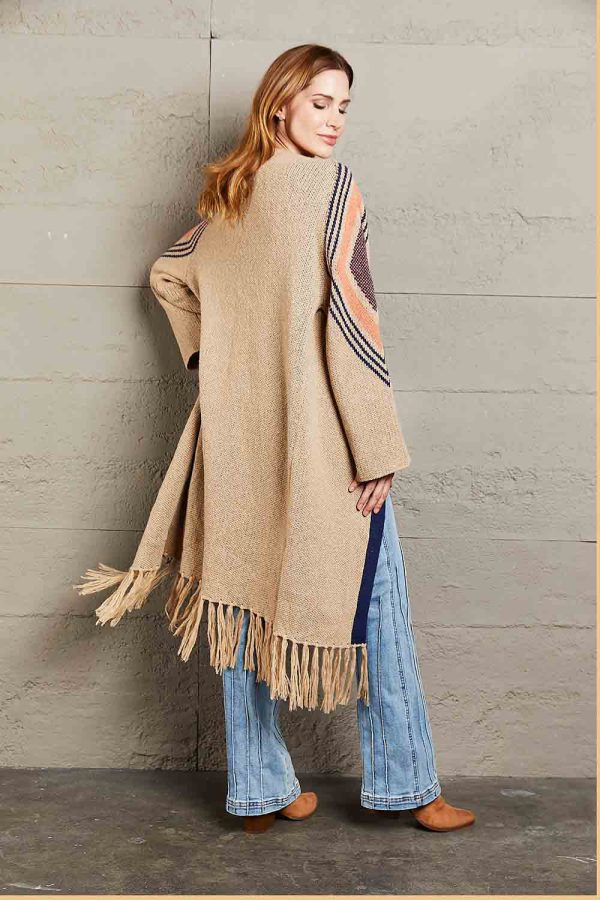 Double Take Geometric Fringe Hem Open Front Duster Cardigan - Image 2
