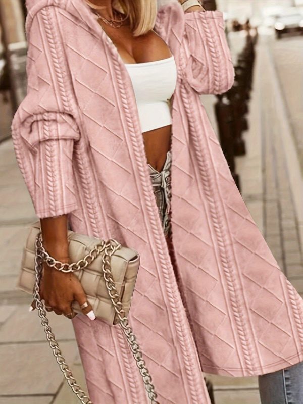 Solid Fashion Textured Open Front Hoodie Stylish ThighLength Coat - Image 4